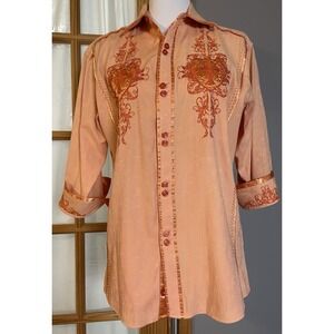 Y2K Women's Graphic Embroidery Button Shirt M Orange Rhinestones Cuffed Cowgirl